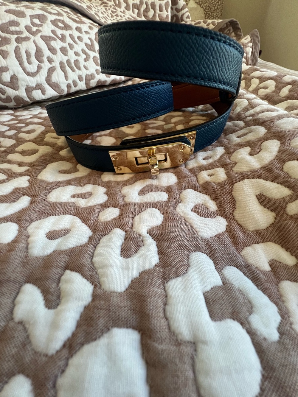 Navy Leather Wrap Belt with Gold Turnlock